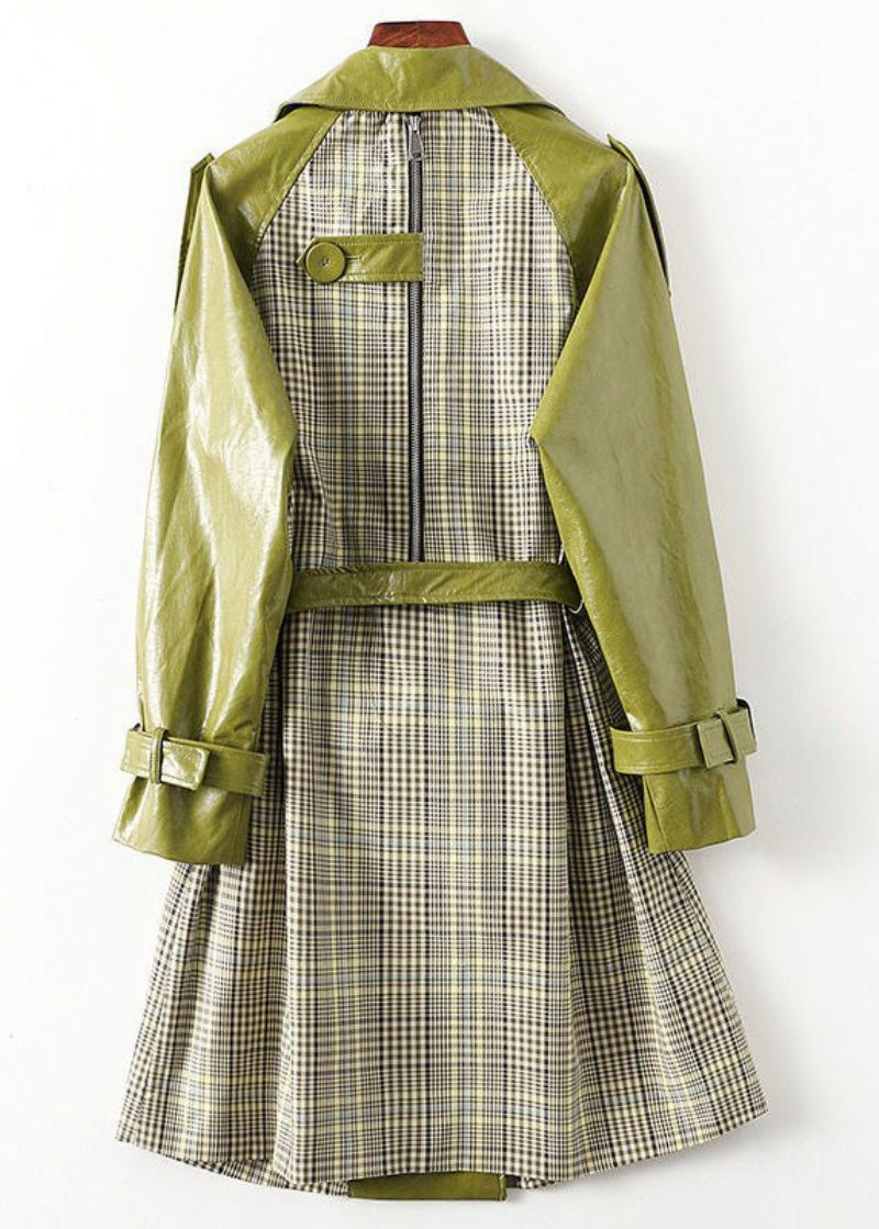 Bohemian Green Peter Pan Krave Stribet Patchwork Tie Talje Knap Lommer Læder Trench Coats Langærmede - Dame trenchcoats