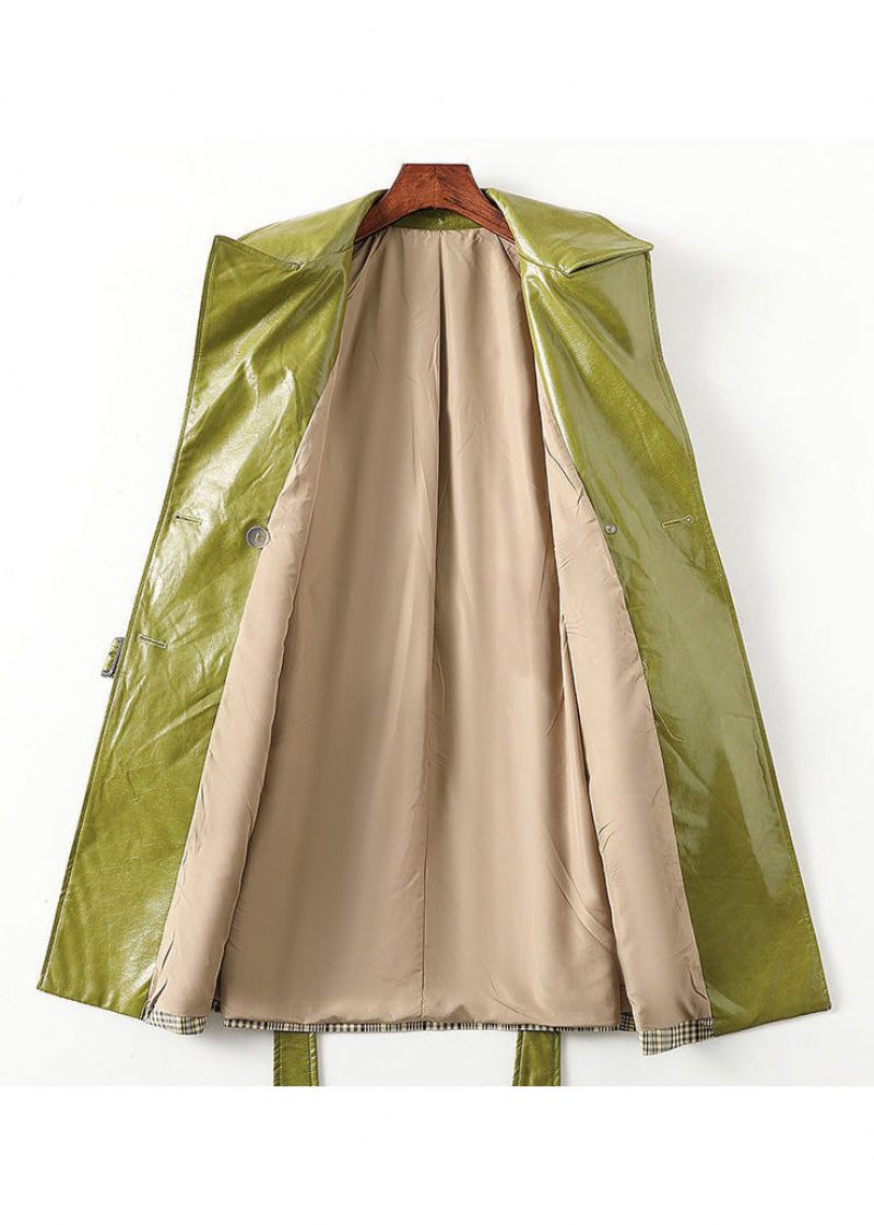 Bohemian Green Peter Pan Krave Stribet Patchwork Tie Talje Knap Lommer Læder Trench Coats Langærmede - Dame trenchcoats