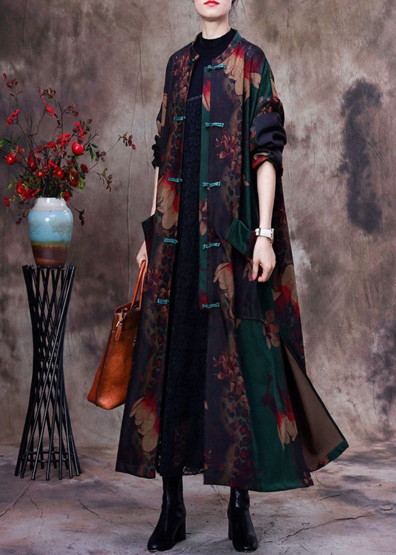 Bohemian Green Print Patchwork Side Åben Orientalsk Knap Bomuld Trench Coat Langærmet - Dame trenchcoats