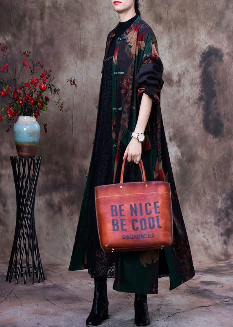 Bohemian Green Print Patchwork Side Åben Orientalsk Knap Bomuld Trench Coat Langærmet - Dame trenchcoats