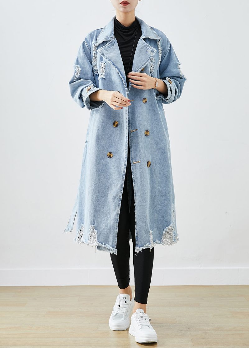 Bohemian Light Blue Lapel Double Breast Denim Ripped Coats Fall - Dame trenchcoats