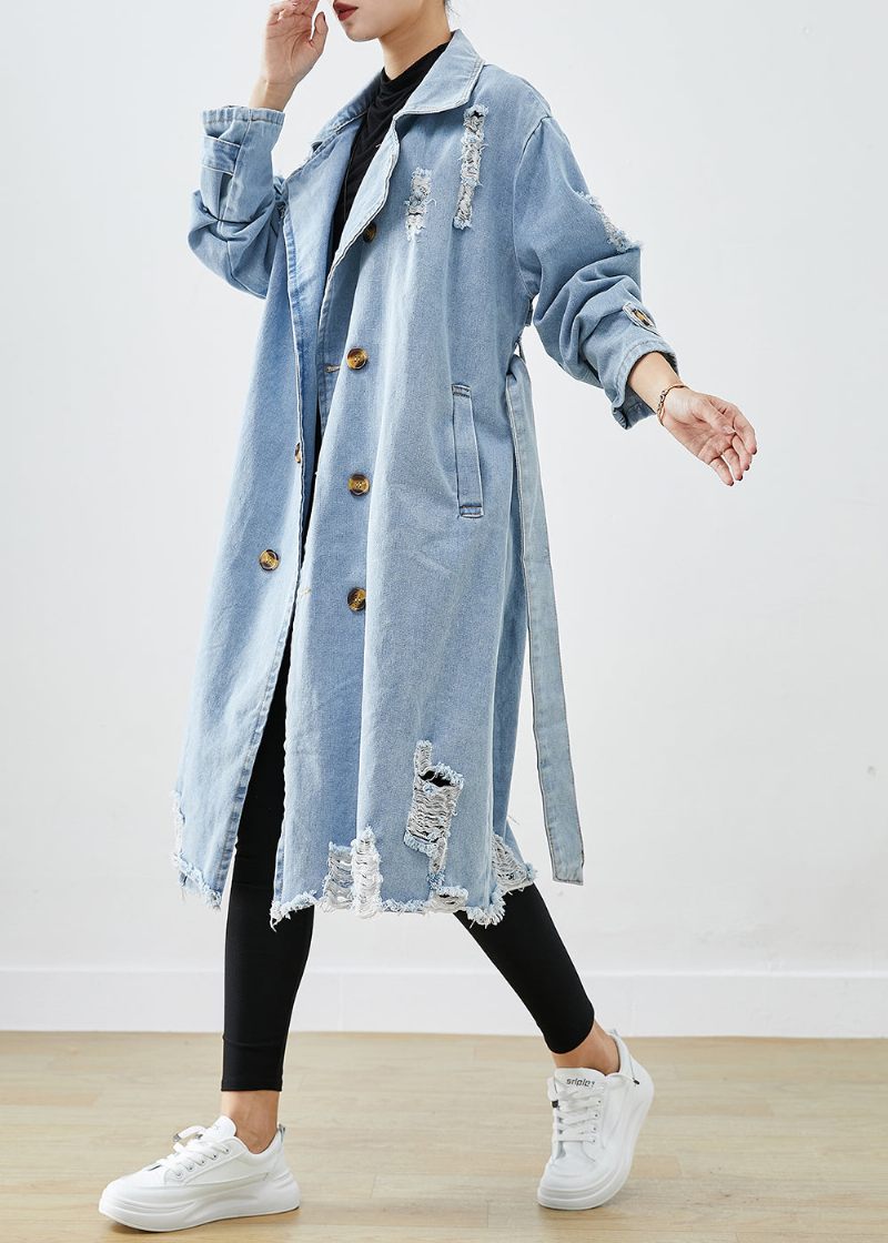 Bohemian Light Blue Lapel Double Breast Denim Ripped Coats Fall - Dame trenchcoats