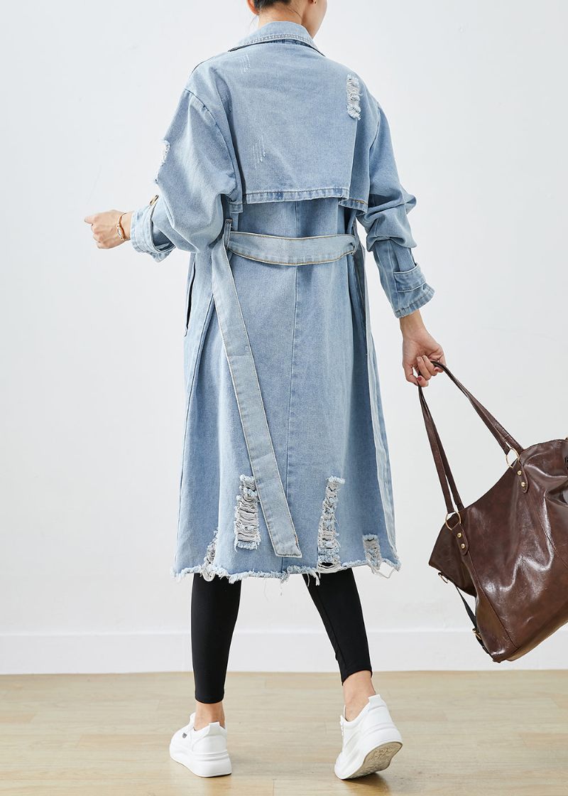 Bohemian Light Blue Lapel Double Breast Denim Ripped Coats Fall - Dame trenchcoats