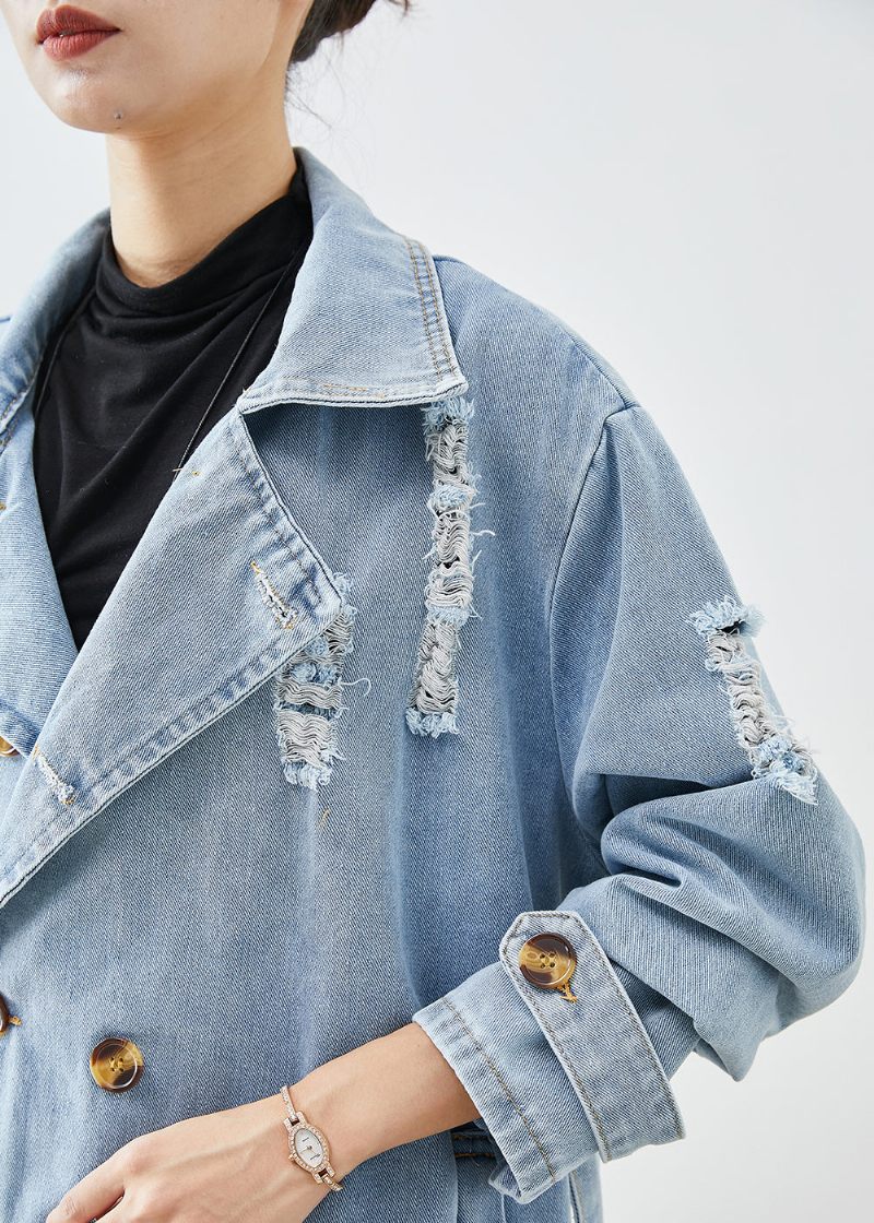 Bohemian Light Blue Lapel Double Breast Denim Ripped Coats Fall - Dame trenchcoats