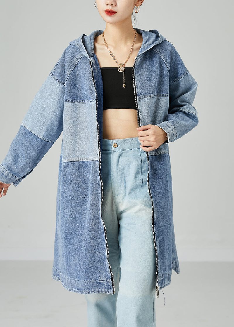 Bohemian Light Blue Oversized Patchwork Bomuld Denim Coat Spring