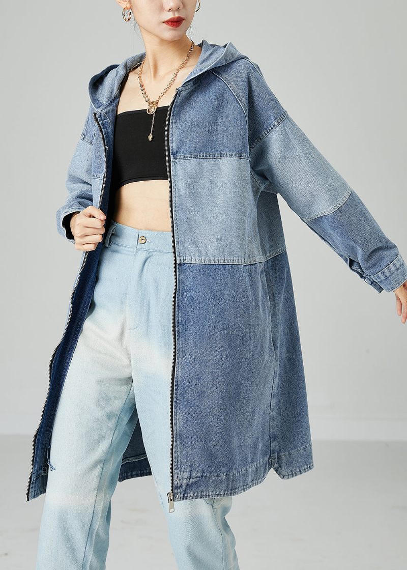 Bohemian Light Blue Oversized Patchwork Bomuld Denim Coat Spring - Dame trenchcoats