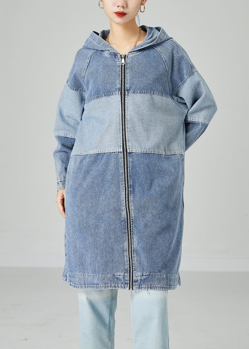 Bohemian Light Blue Oversized Patchwork Bomuld Denim Coat Spring - Dame trenchcoats