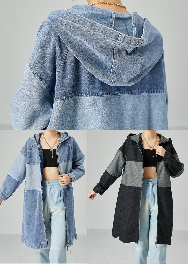 Bohemian Light Blue Oversized Patchwork Bomuld Denim Coat Spring - Dame trenchcoats