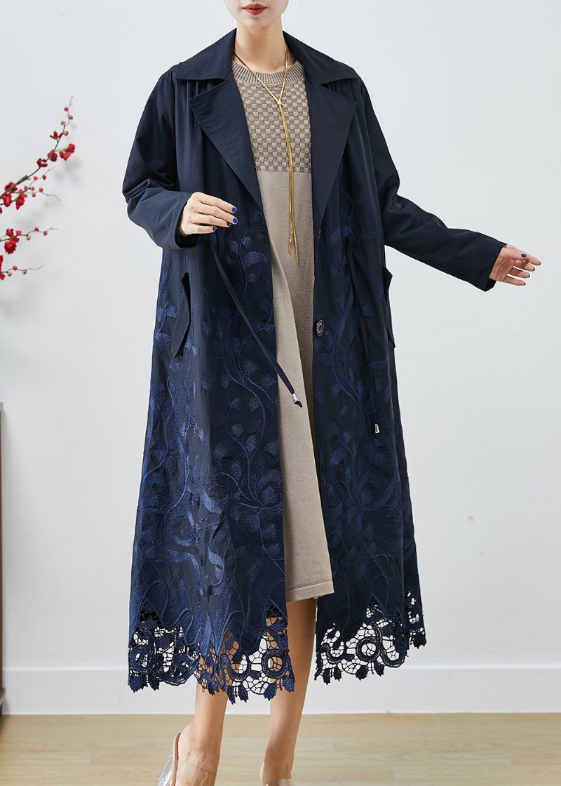 Bohemian Navy Broderet Tie Talje Spandex Trench Coats Fall