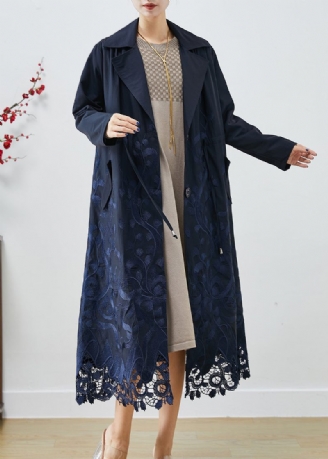 Bohemian Navy Broderet Tie Talje Spandex Trench Coats Fall