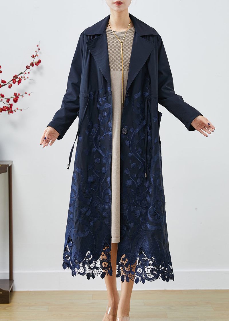 Bohemian Navy Broderet Tie Talje Spandex Trench Coats Fall - Dame trenchcoats