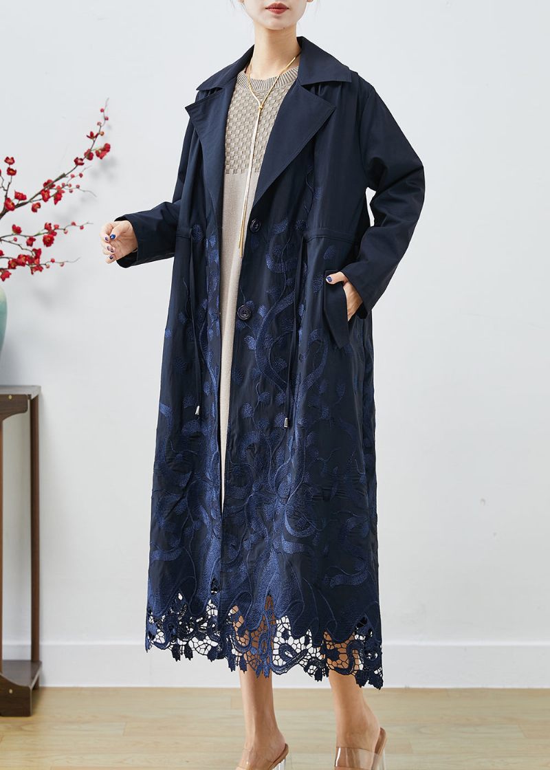 Bohemian Navy Broderet Tie Talje Spandex Trench Coats Fall - Dame trenchcoats