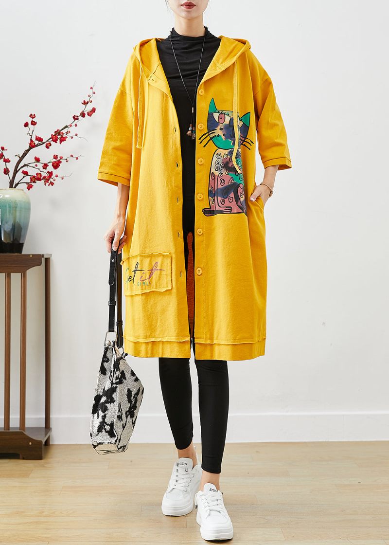 Bohemian Yellow Hooded Cat Print Bomuld Coat Outwear Fall