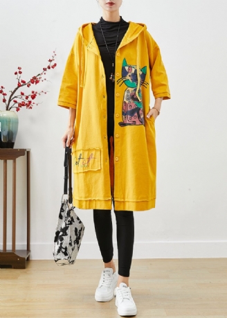 Bohemian Yellow Hooded Cat Print Bomuld Coat Outwear Fall