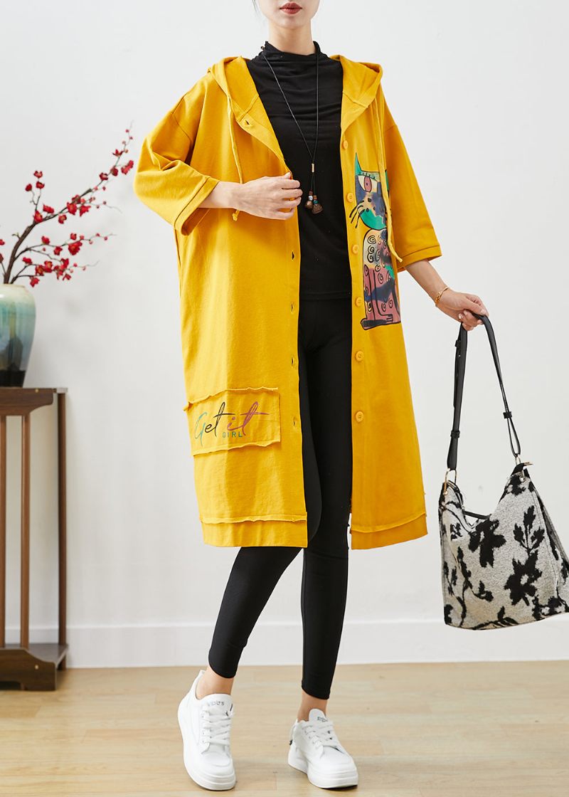 Bohemian Yellow Hooded Cat Print Bomuld Coat Outwear Fall - Dame trenchcoats