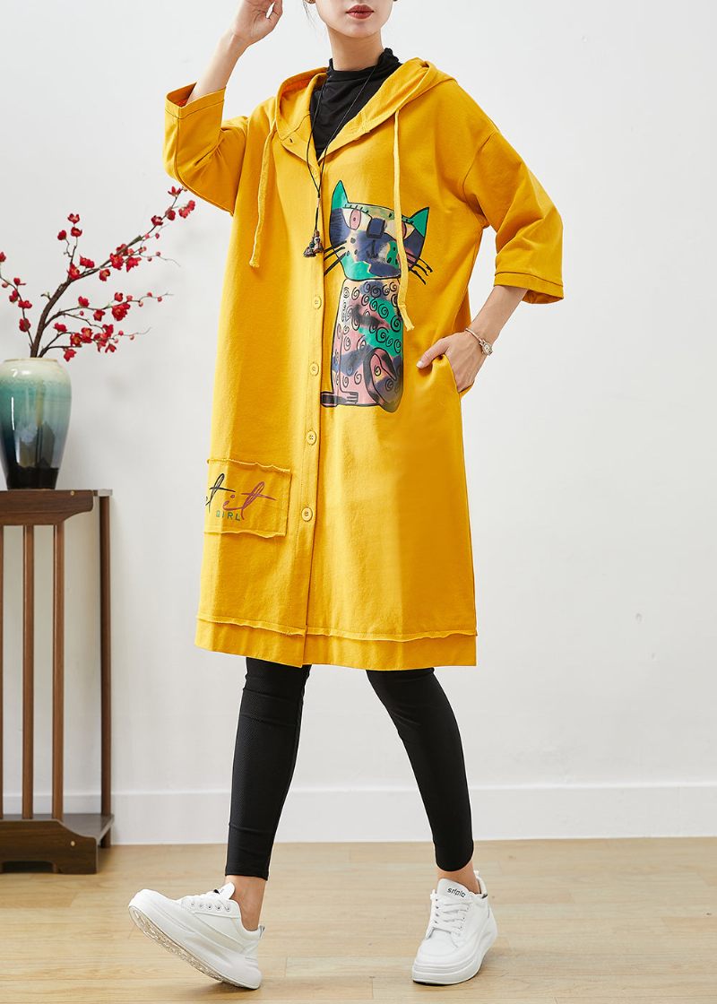 Bohemian Yellow Hooded Cat Print Bomuld Coat Outwear Fall - Dame trenchcoats