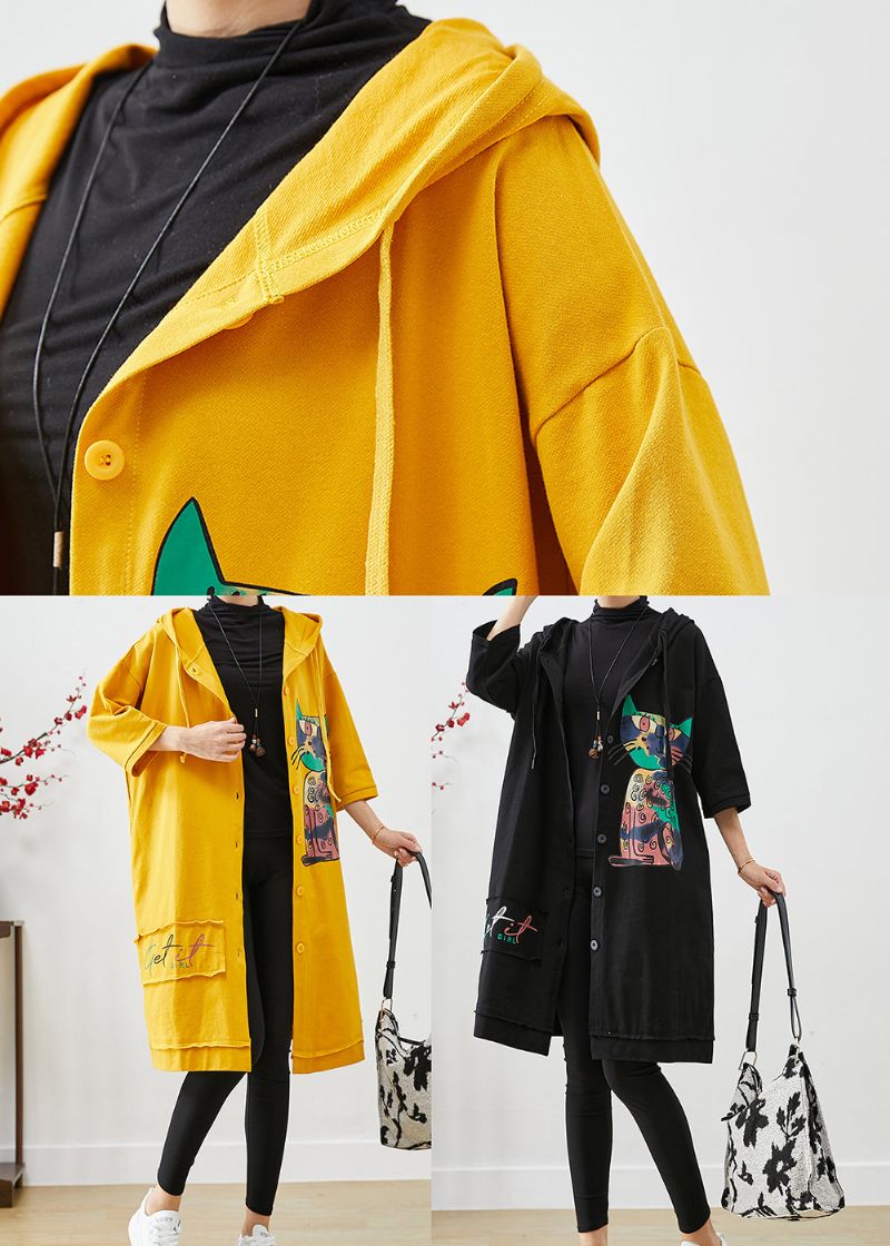 Bohemian Yellow Hooded Cat Print Bomuld Coat Outwear Fall - Dame trenchcoats