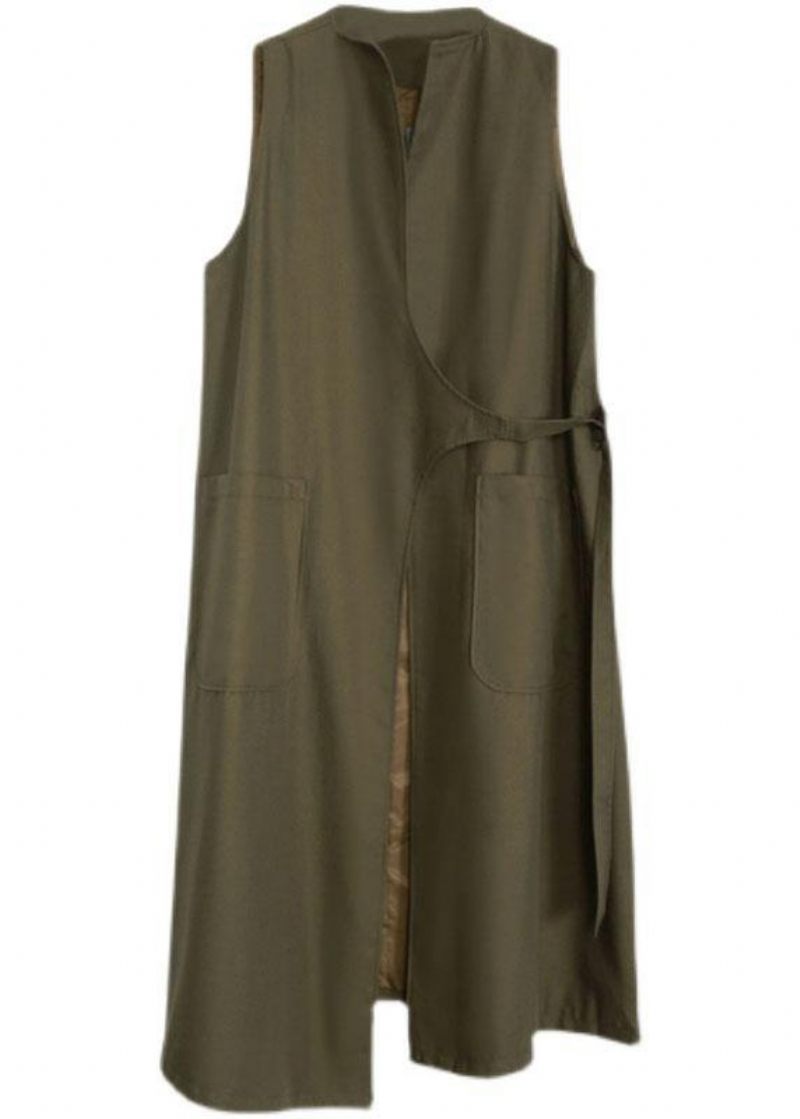 Boho Army Green Asymmetrisk Design Lommer Fall Long Vest - Dame trenchcoats