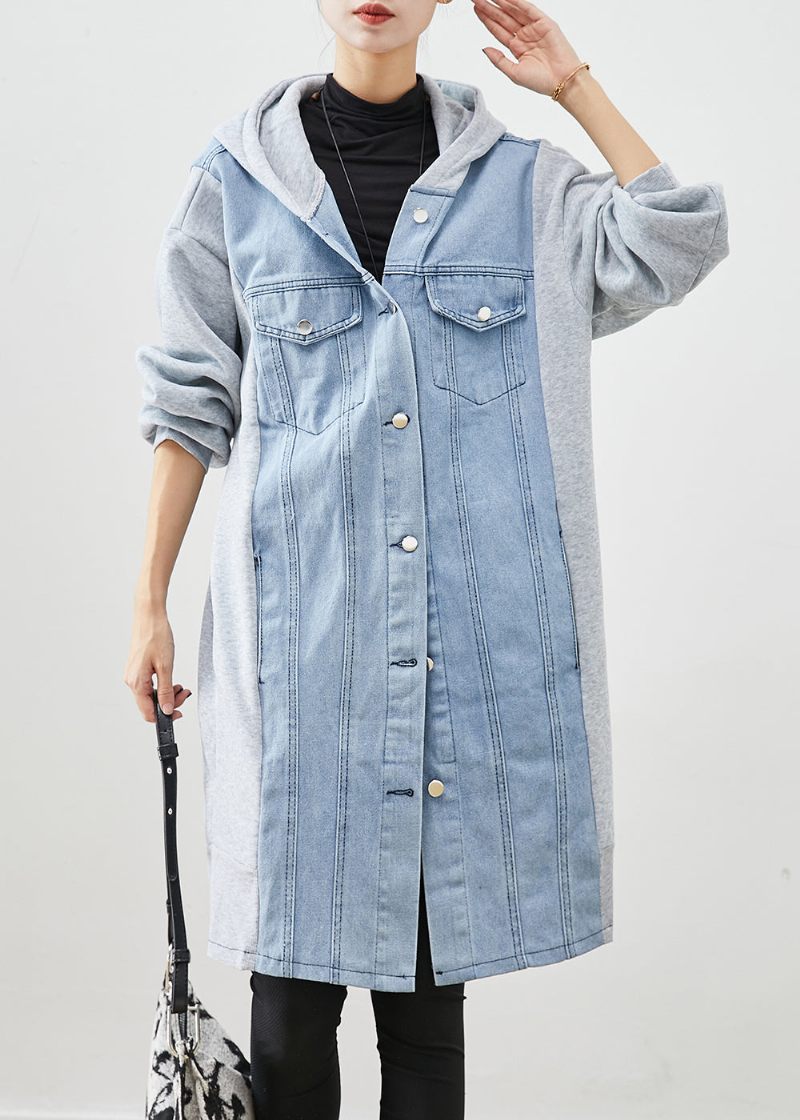 Boho Blue Hooded Denim Patchwork Bomuld Trench Fall