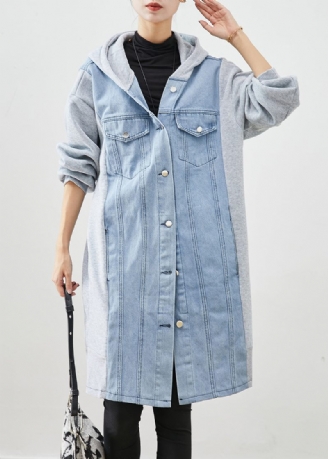 Boho Blue Hooded Denim Patchwork Bomuld Trench Fall