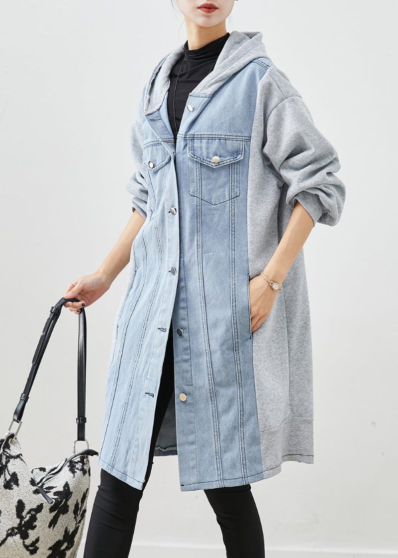 Boho Blue Hooded Denim Patchwork Bomuld Trench Fall - Dame trenchcoats