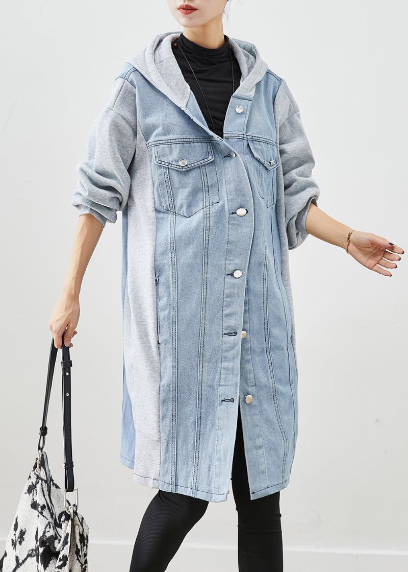 Boho Blue Hooded Denim Patchwork Bomuld Trench Fall - Dame trenchcoats