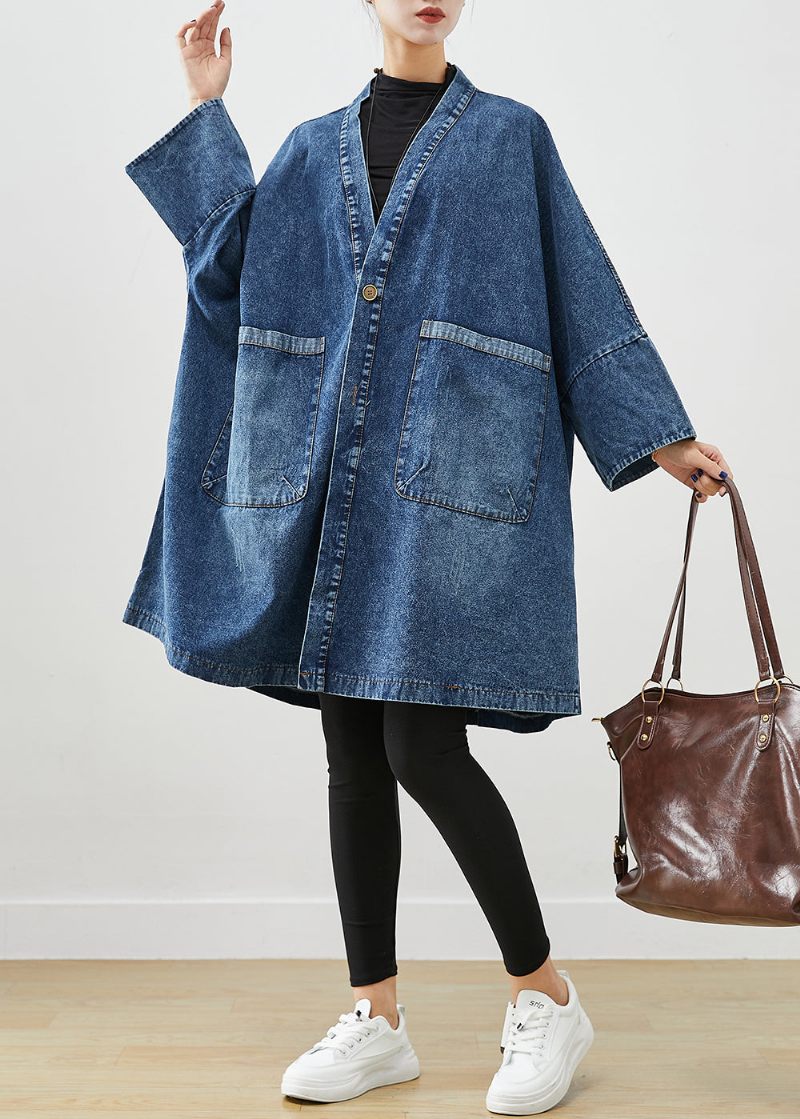 Boho Blue Oversized Lommer Denim Trench Coats Batwing Sleeve