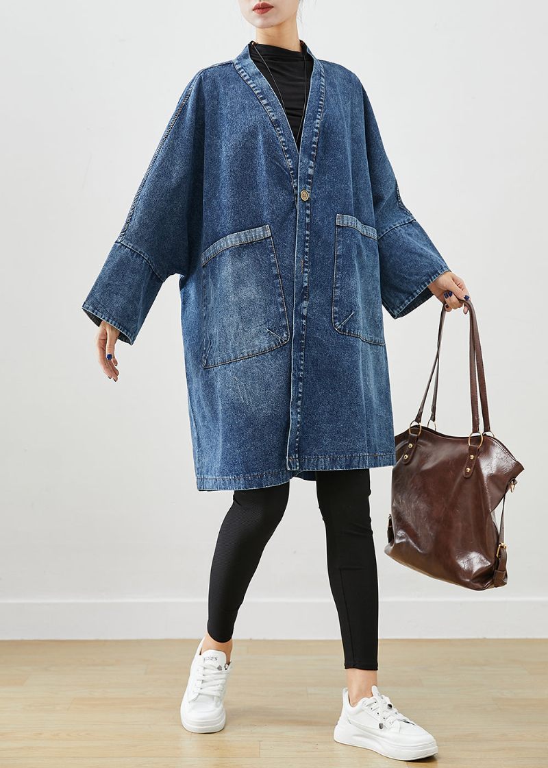 Boho Blue Oversized Lommer Denim Trench Coats Batwing Sleeve - Dame trenchcoats