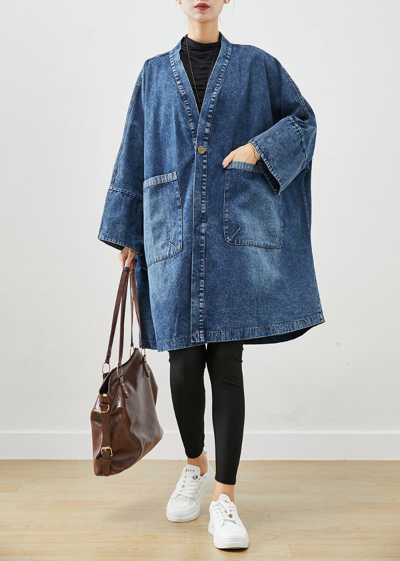 Boho Blue Oversized Lommer Denim Trench Coats Batwing Sleeve - Dame trenchcoats