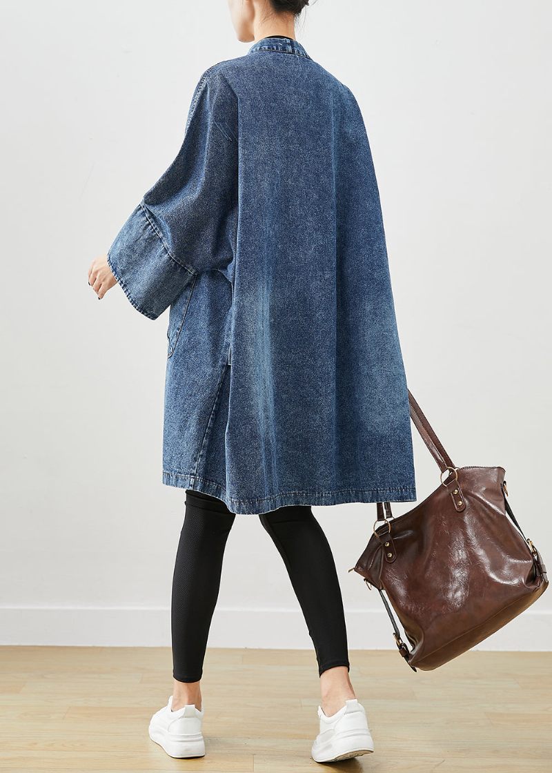 Boho Blue Oversized Lommer Denim Trench Coats Batwing Sleeve - Dame trenchcoats