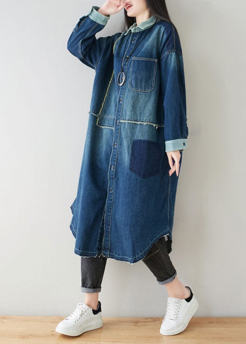 Boho Denim Blå Peter Pan Krave Patchwork Oversized Bomuld Trench Spring