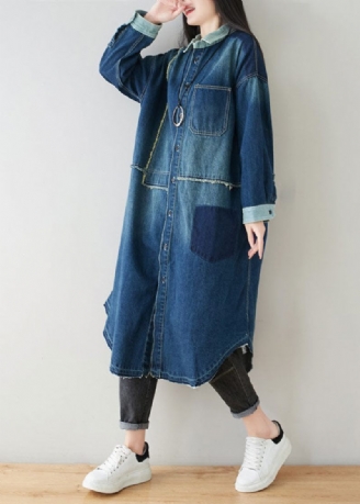 Boho Denim Blå Peter Pan Krave Patchwork Oversized Bomuld Trench Spring