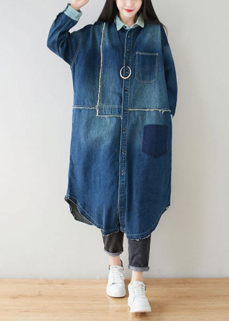 Boho Denim Blå Peter Pan Krave Patchwork Oversized Bomuld Trench Spring - Dame trenchcoats