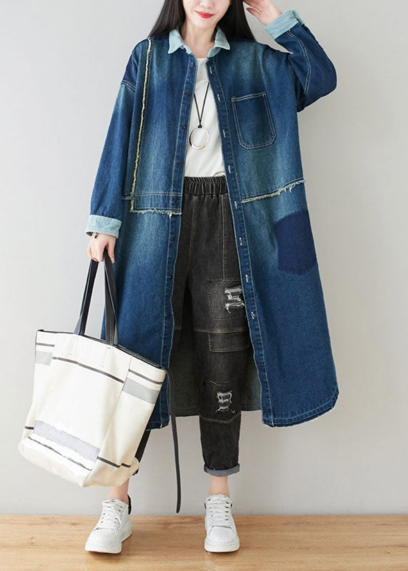 Boho Denim Blå Peter Pan Krave Patchwork Oversized Bomuld Trench Spring - Dame trenchcoats