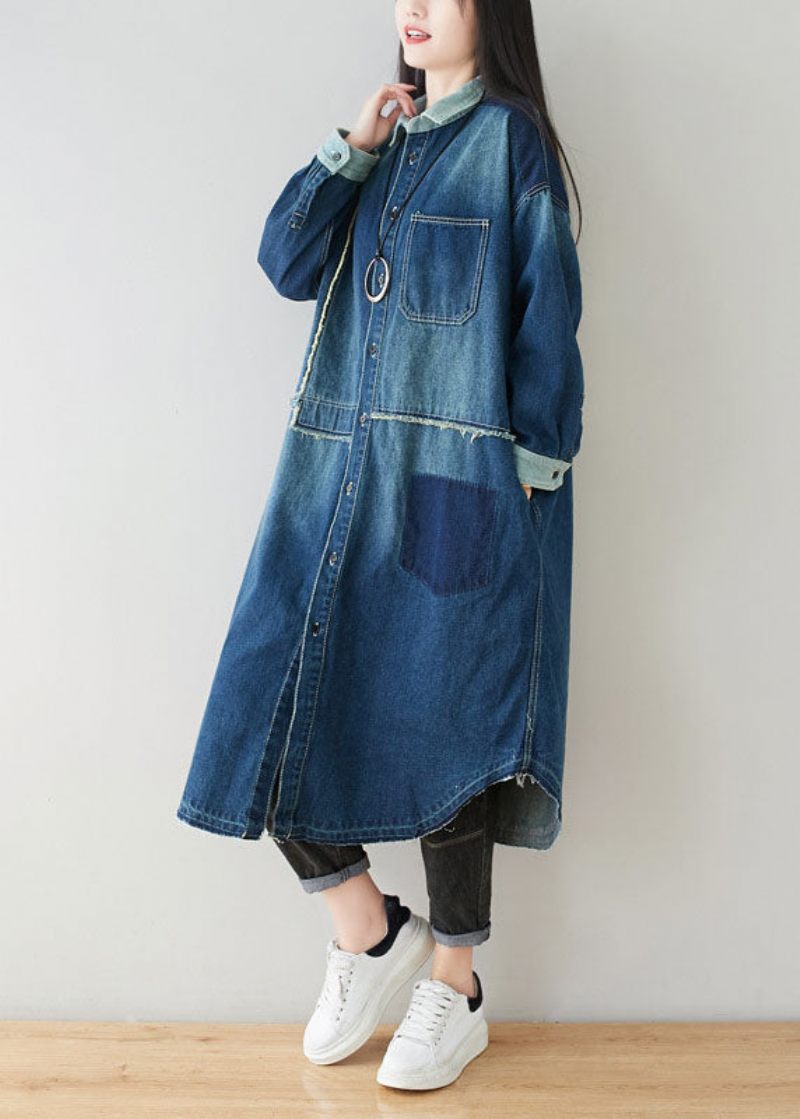 Boho Denim Blå Peter Pan Krave Patchwork Oversized Bomuld Trench Spring - Dame trenchcoats