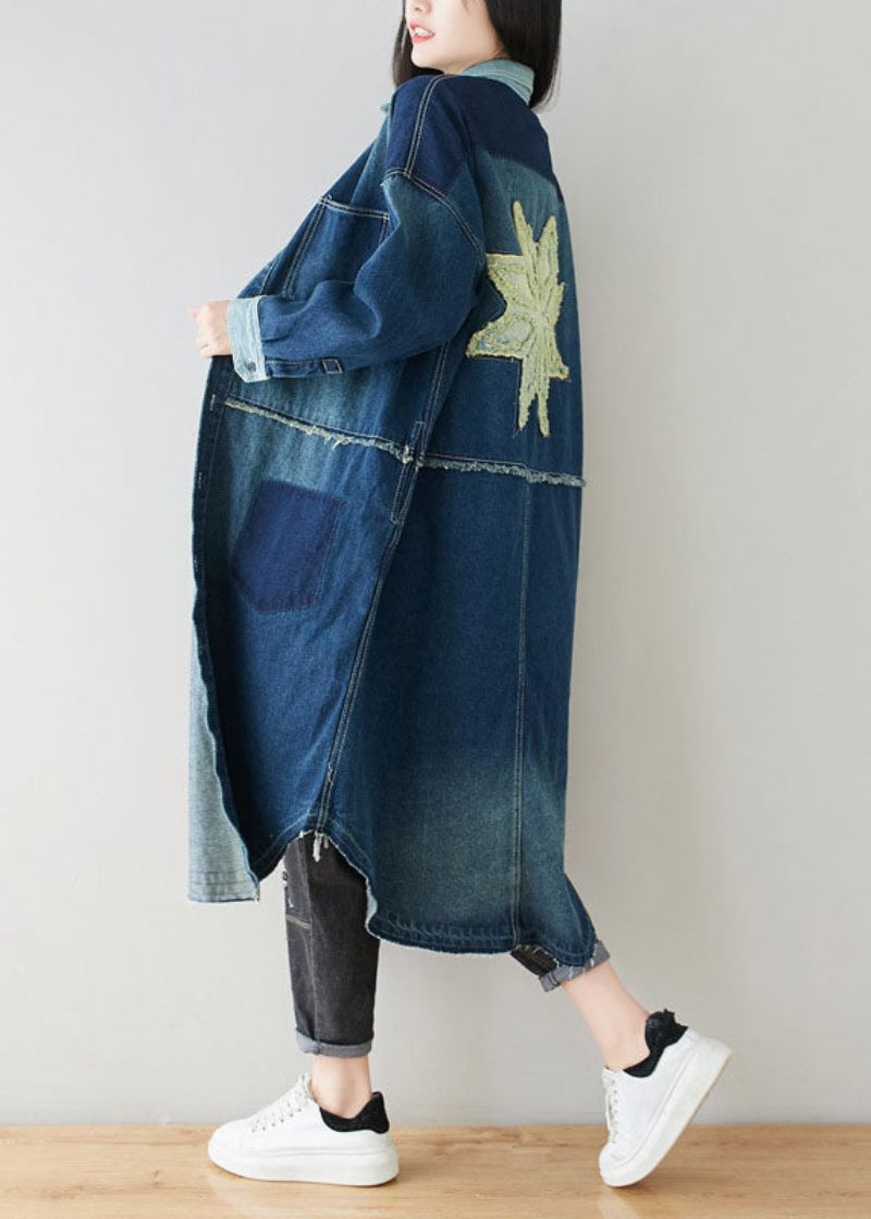 Boho Denim Blå Peter Pan Krave Patchwork Oversized Bomuld Trench Spring - Dame trenchcoats