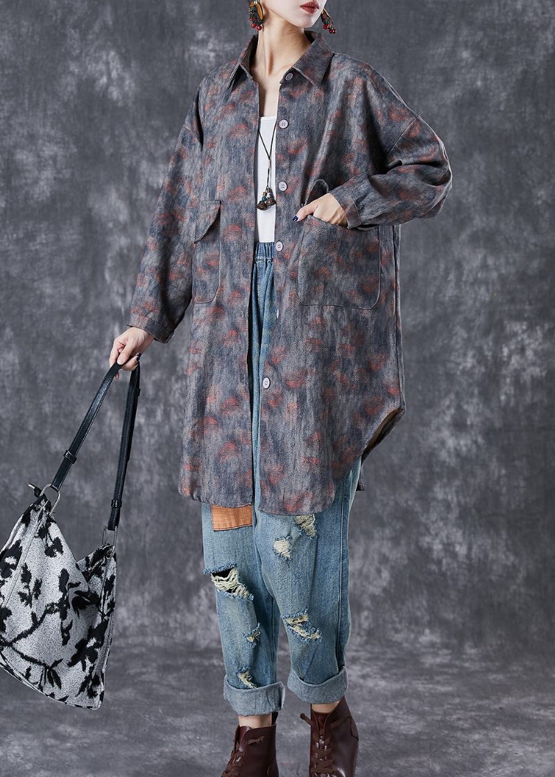 Boho Grey Oversized Tie Dye Lommer Bomuld Jakker Efterår - Dame trenchcoats