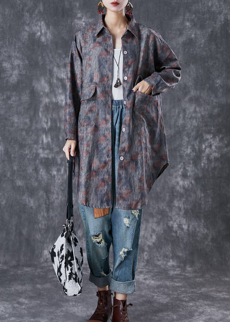 Boho Grey Oversized Tie Dye Lommer Bomuld Jakker Efterår - Dame trenchcoats