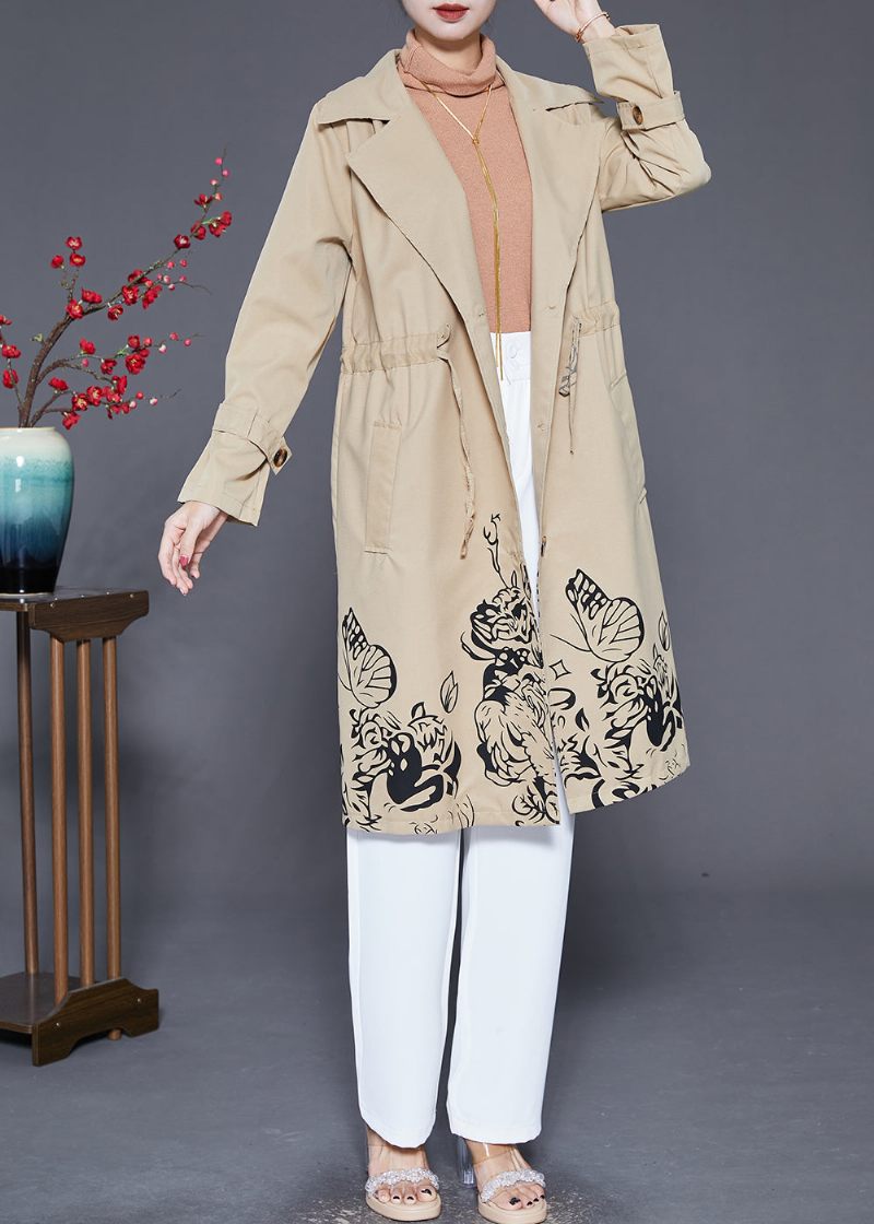 Boho Khaki Cinched Print Bomuld Coat Outwear Efterår - Dame trenchcoats