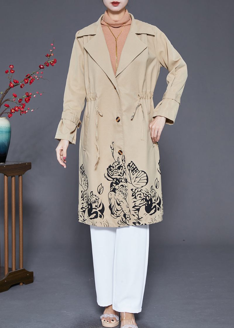 Boho Khaki Cinched Print Bomuld Coat Outwear Efterår - Dame trenchcoats