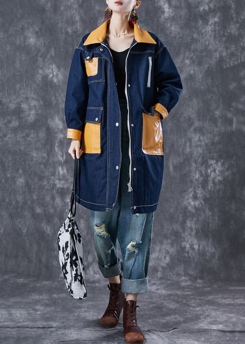 Boho Navy Oversized Patchwork Lommer Denim Coat Outwear Efterår