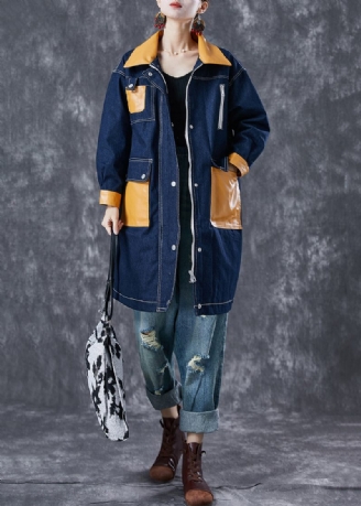 Boho Navy Oversized Patchwork Lommer Denim Coat Outwear Efterår