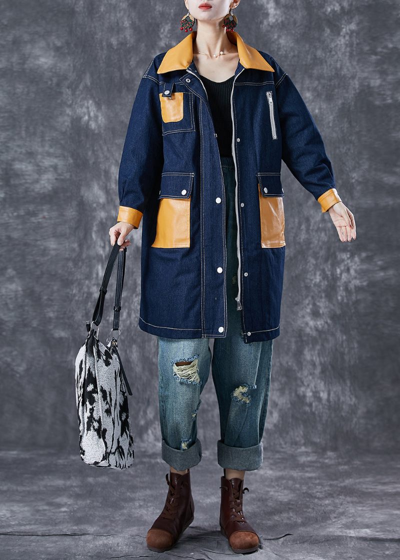 Boho Navy Oversized Patchwork Lommer Denim Coat Outwear Efterår - Dame trenchcoats