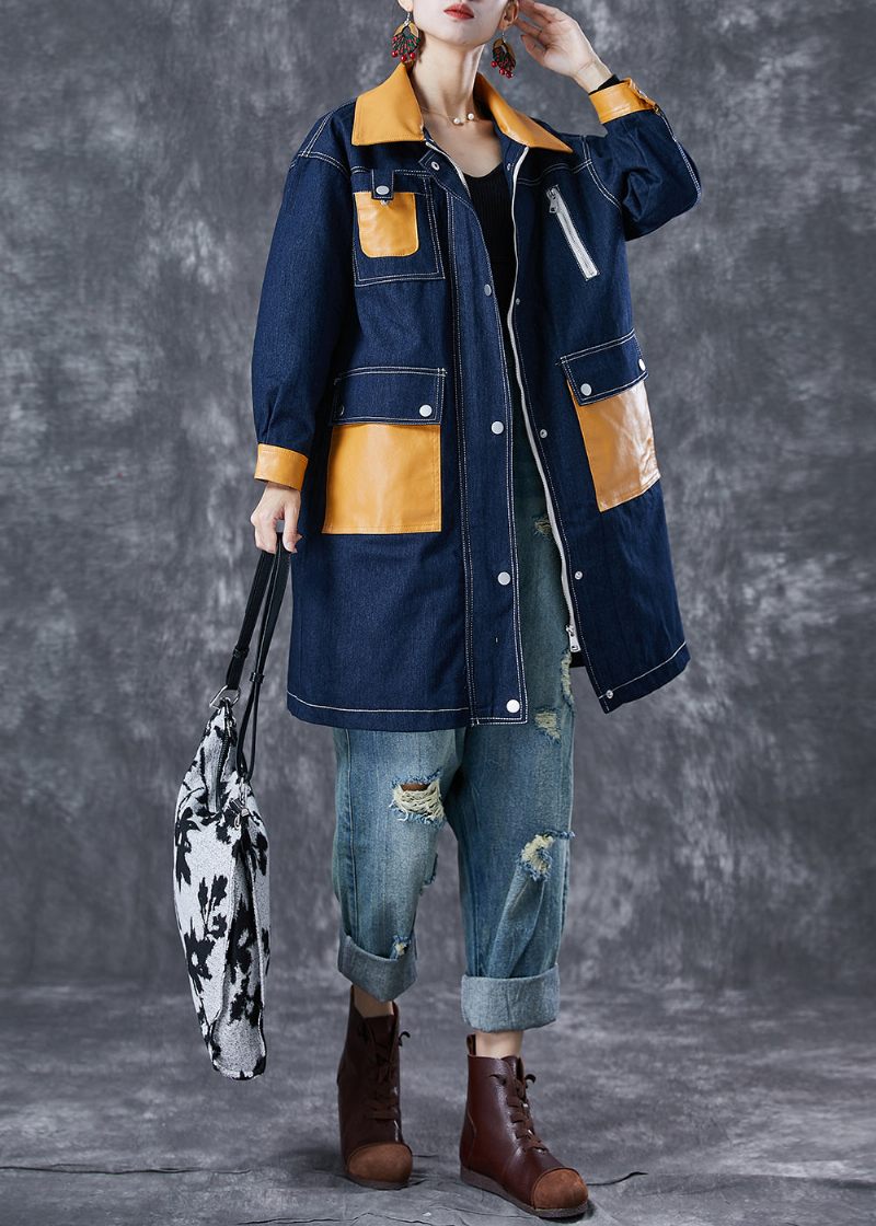 Boho Navy Oversized Patchwork Lommer Denim Coat Outwear Efterår - Dame trenchcoats