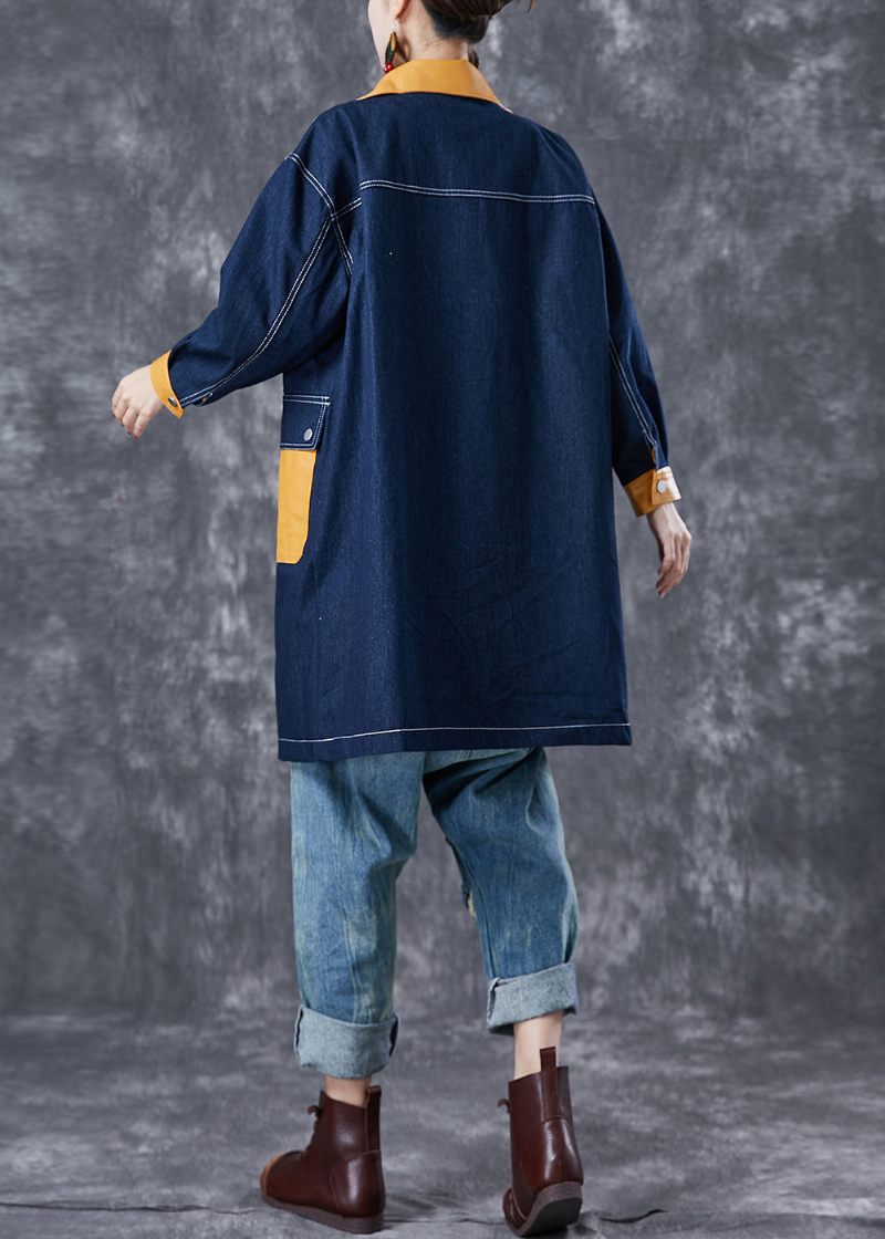 Boho Navy Oversized Patchwork Lommer Denim Coat Outwear Efterår - Dame trenchcoats