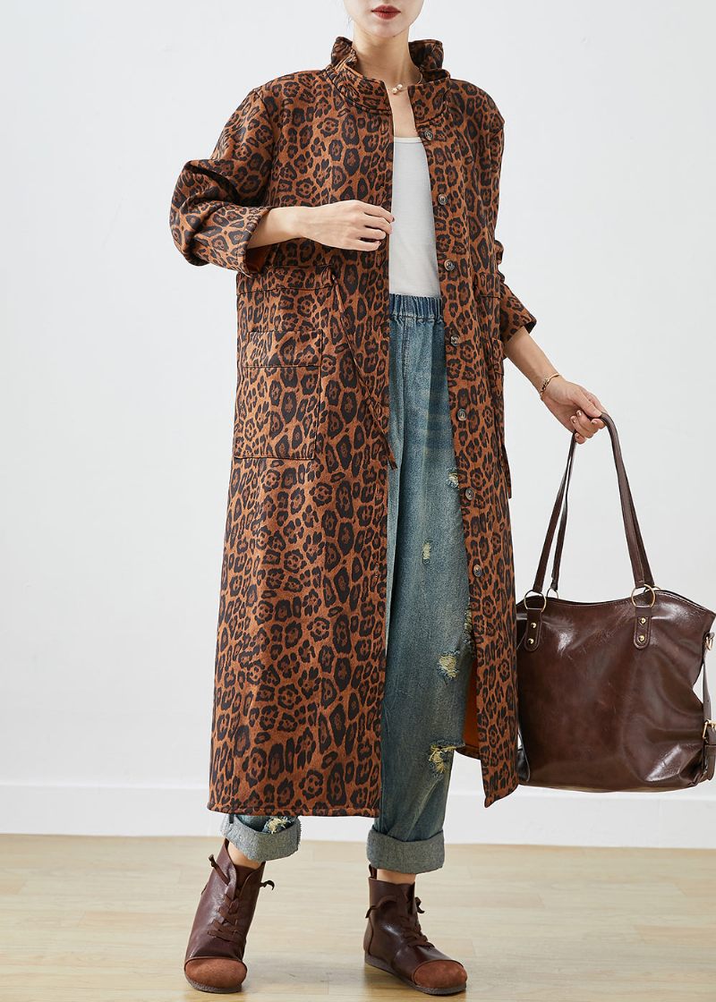 Boho Oversized Leopard Print Trench Coats I Bomuld Efterår - Dame trenchcoats