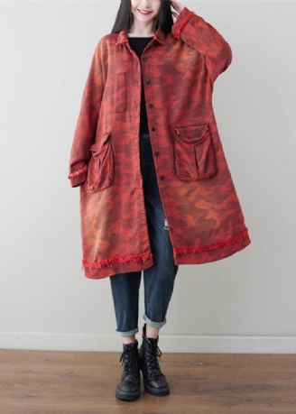 Boho Red Oversized Patchwork Lommer Bomuld Trench Spring