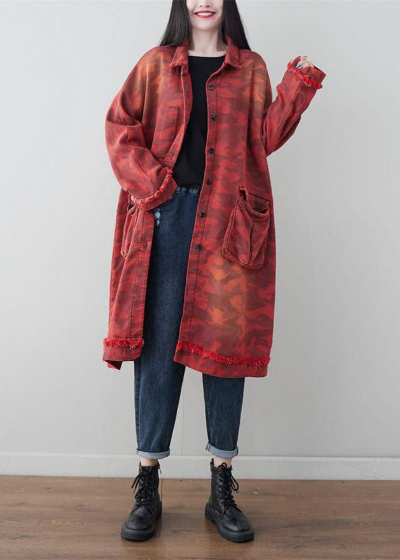 Boho Red Oversized Patchwork Lommer Bomuld Trench Spring - Dame trenchcoats