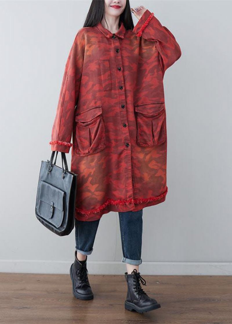 Boho Red Oversized Patchwork Lommer Bomuld Trench Spring - Dame trenchcoats