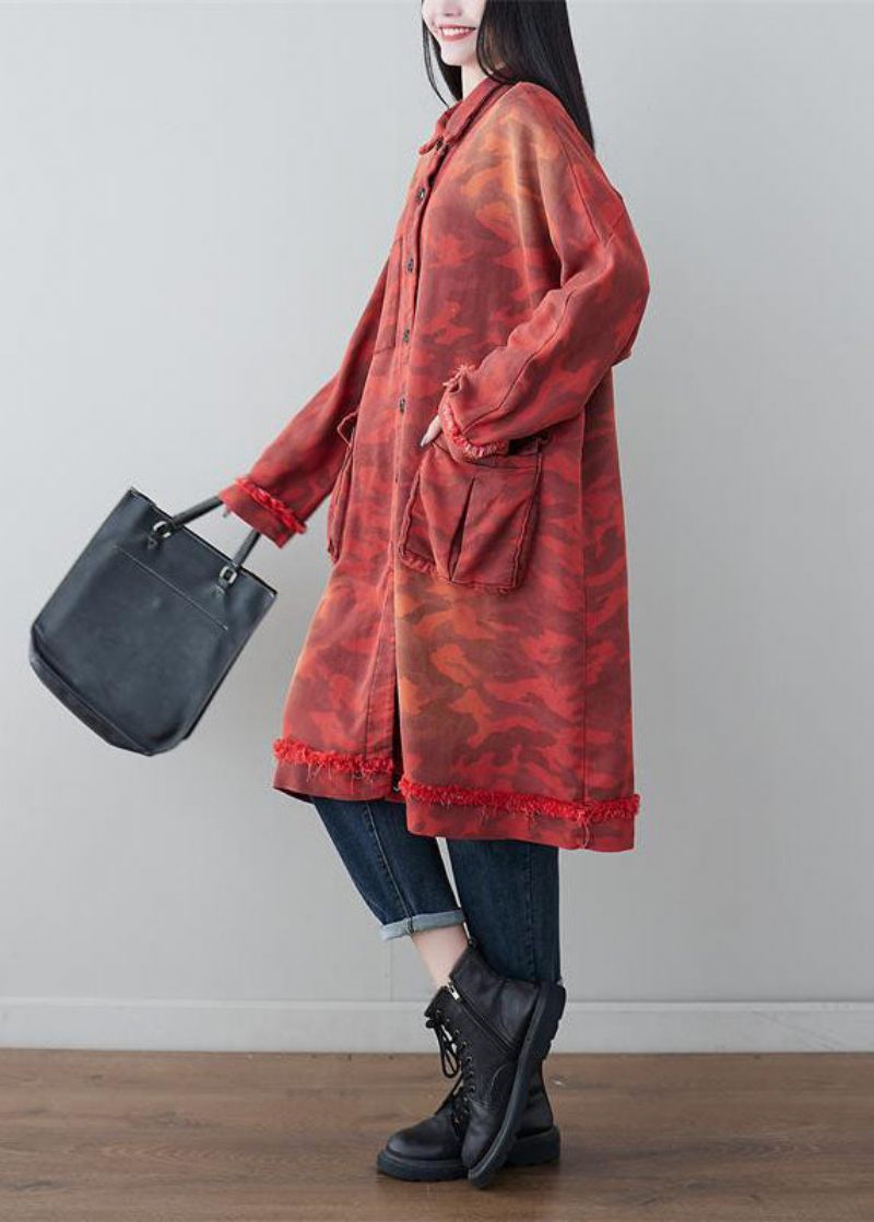 Boho Red Oversized Patchwork Lommer Bomuld Trench Spring - Dame trenchcoats